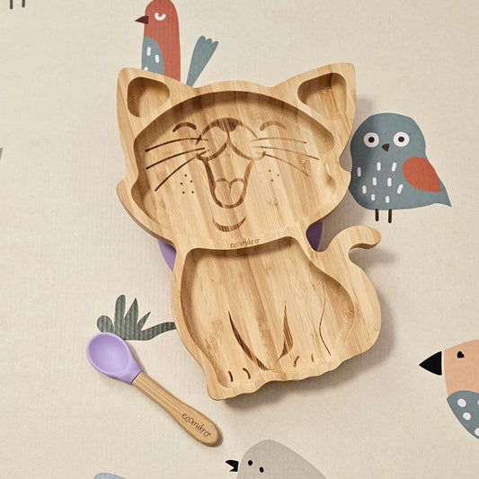 ECOMIKRO - Piatto con cucchiaio bambù GATTO - lilla
