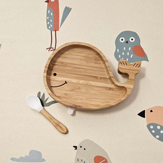 ECOMIKRO - Piatto con cucchiaio bambù BALENA - bianca