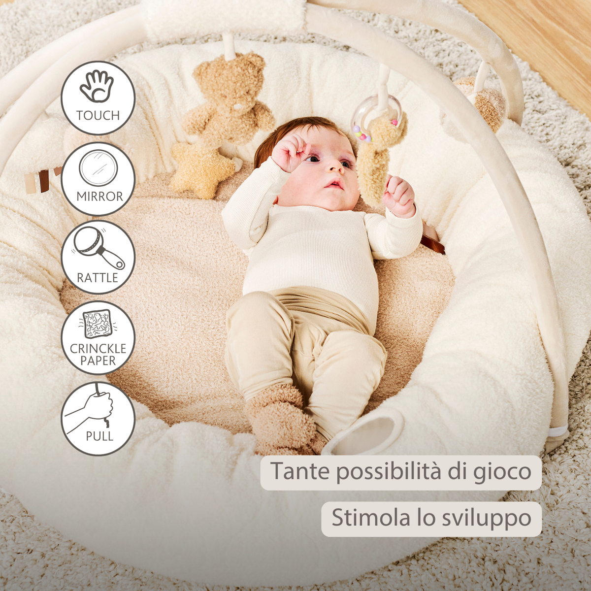 NATTOU TEDDY Tappeto gioco neonato con archi rotondo - 90x90 cm - Palestrina attività bebè - Bordi imbottiti - 856409