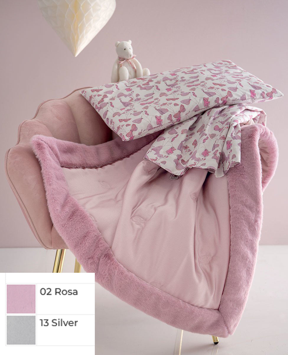 Blumarine COPERTINA Culla / Carrozzina EDEN con bordo pelliccia 90x110 - colore silver