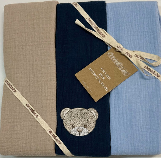 Coccolissimi - tris Mussola Muslin multiuso - serie TEDDY - colore AVIO