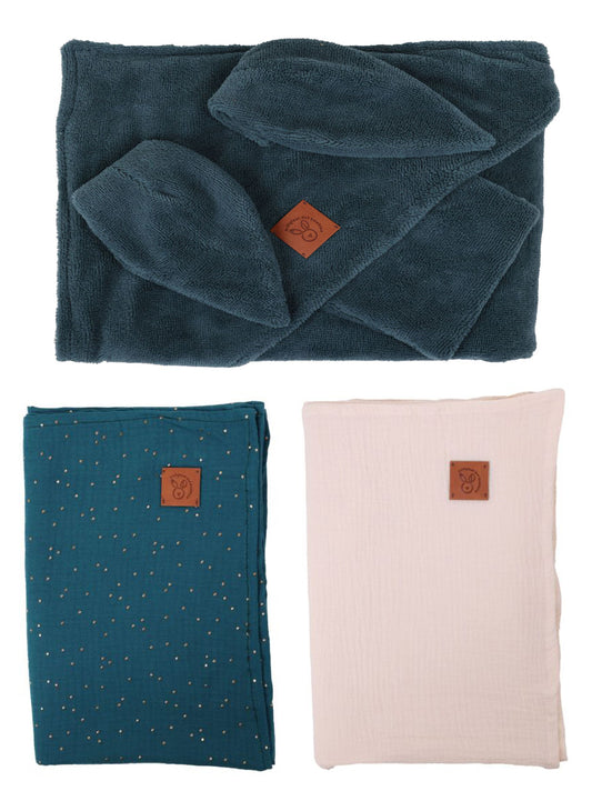 ALEMY - BOX 3pz: Accappatoio XL in spugna Bambù + 2 maxi Mussole - ottanio