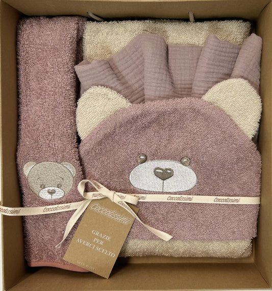 COCCOLISSIMI kit con ACCAPPATOIO TRIANGOLO + ASCIUGAMANO + MUSSOLA - colore Teddy Old Rose
