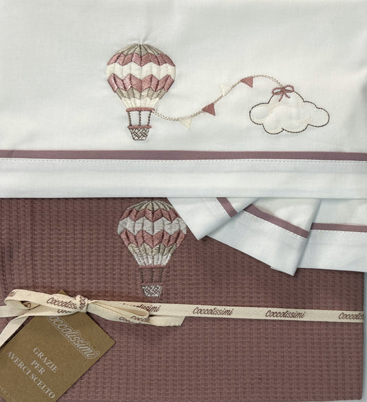 COCCOLISSIMI kit Culla Carrozzina Coperta Piquet + lenzuola coordinate - Balloon Old Rose