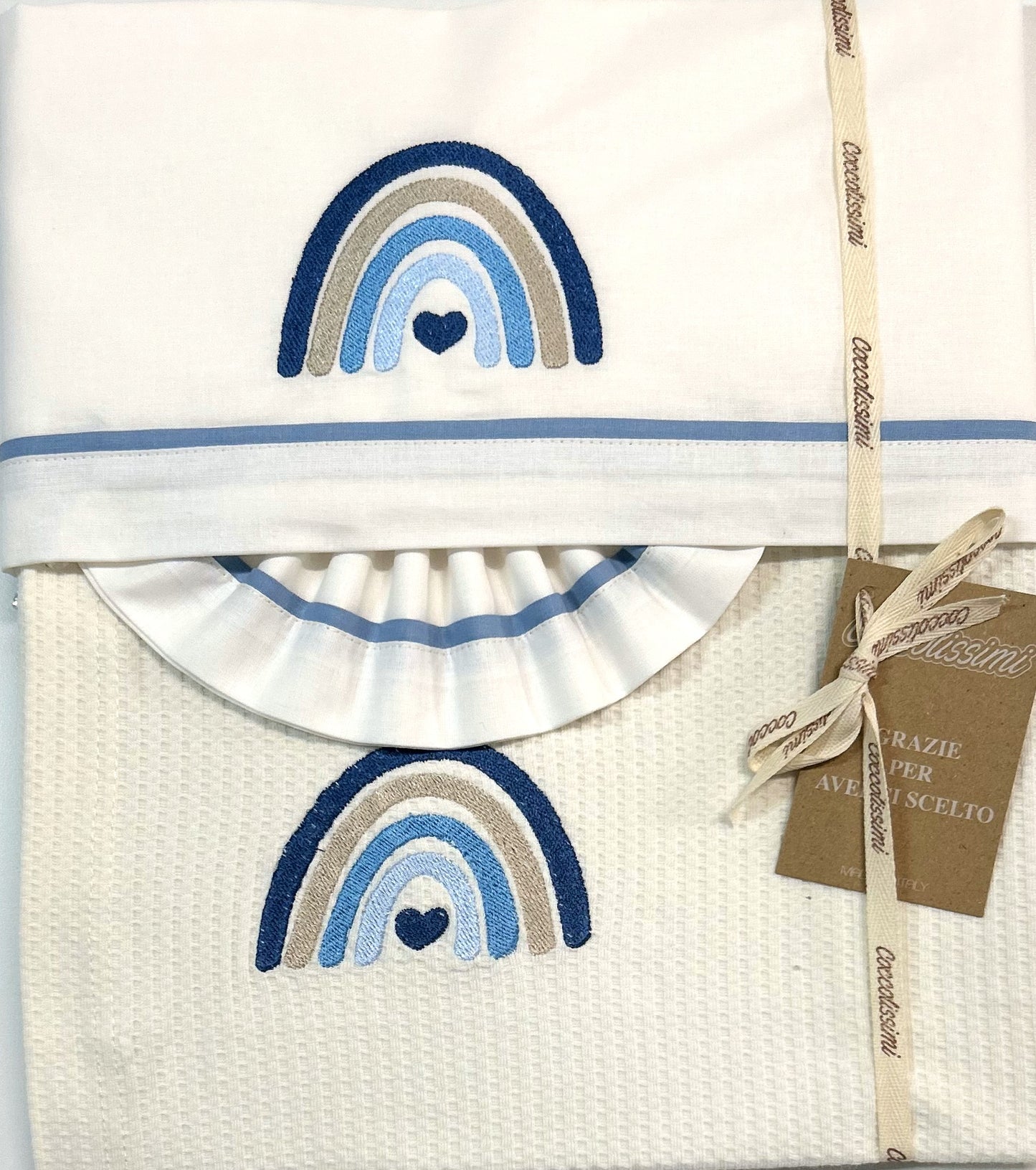 COCCOLISSIMI kit Culla Carrozzina Coperta Piquet + lenzuola coordinate - Rainbow avio