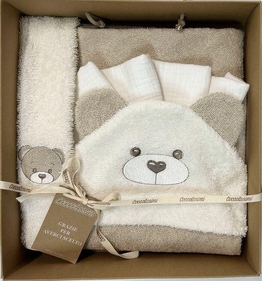 COCCOLISSIMI kit con ACCAPPATOIO TRIANGOLO + ASCIUGAMANO + MUSSOLA - colore Teddy Moka