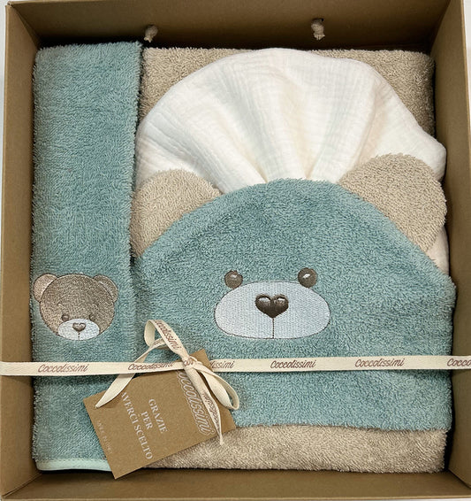 COCCOLISSIMI kit con ACCAPPATOIO TRIANGOLO + ASCIUGAMANO + MUSSOLA - colore Teddy Agave