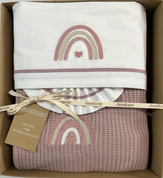COCCOLISSIMI kit Culla Carrozzina Coperta Filo + lenzuola coordinate - Rainbow Old Rose