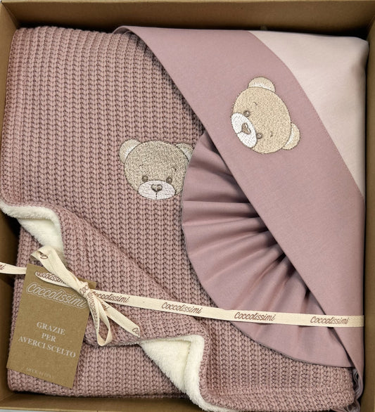 COCCOLISSIMI kit Culla Carrozzina Coperta Filo + lenzuola coordinate - Teddy Old Rose
