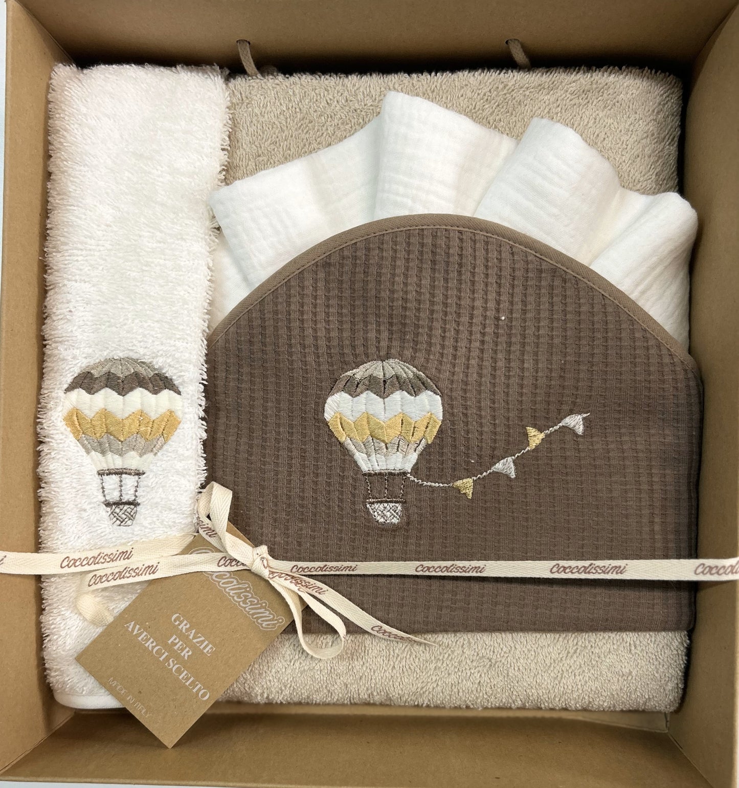 COCCOLISSIMI kit con ACCAPPATOIO TRIANGOLO + ASCIUGAMANO + MUSSOLA - colore Ballon Moka