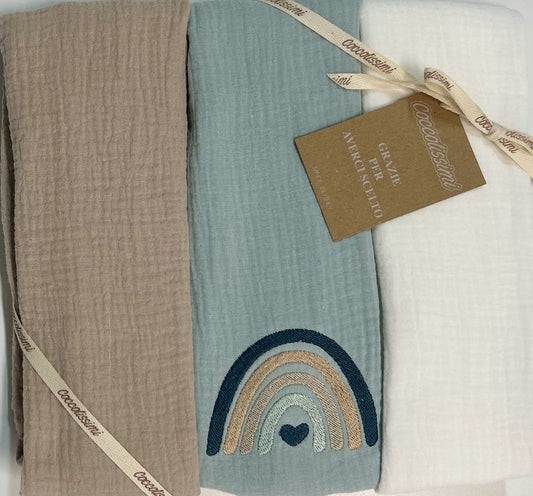 Coccolissimi - tris Mussola Muslin multiuso - serie RAINBOW - colore AGAVE