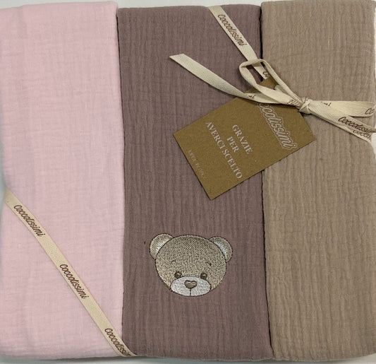 Coccolissimi - tris Mussola Muslin multiuso - serie TEDDY - colore OLD ROSE