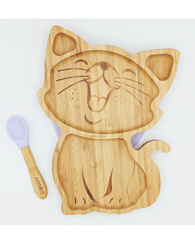 ECOMIKRO - Piatto con cucchiaio bambù GATTO - lilla