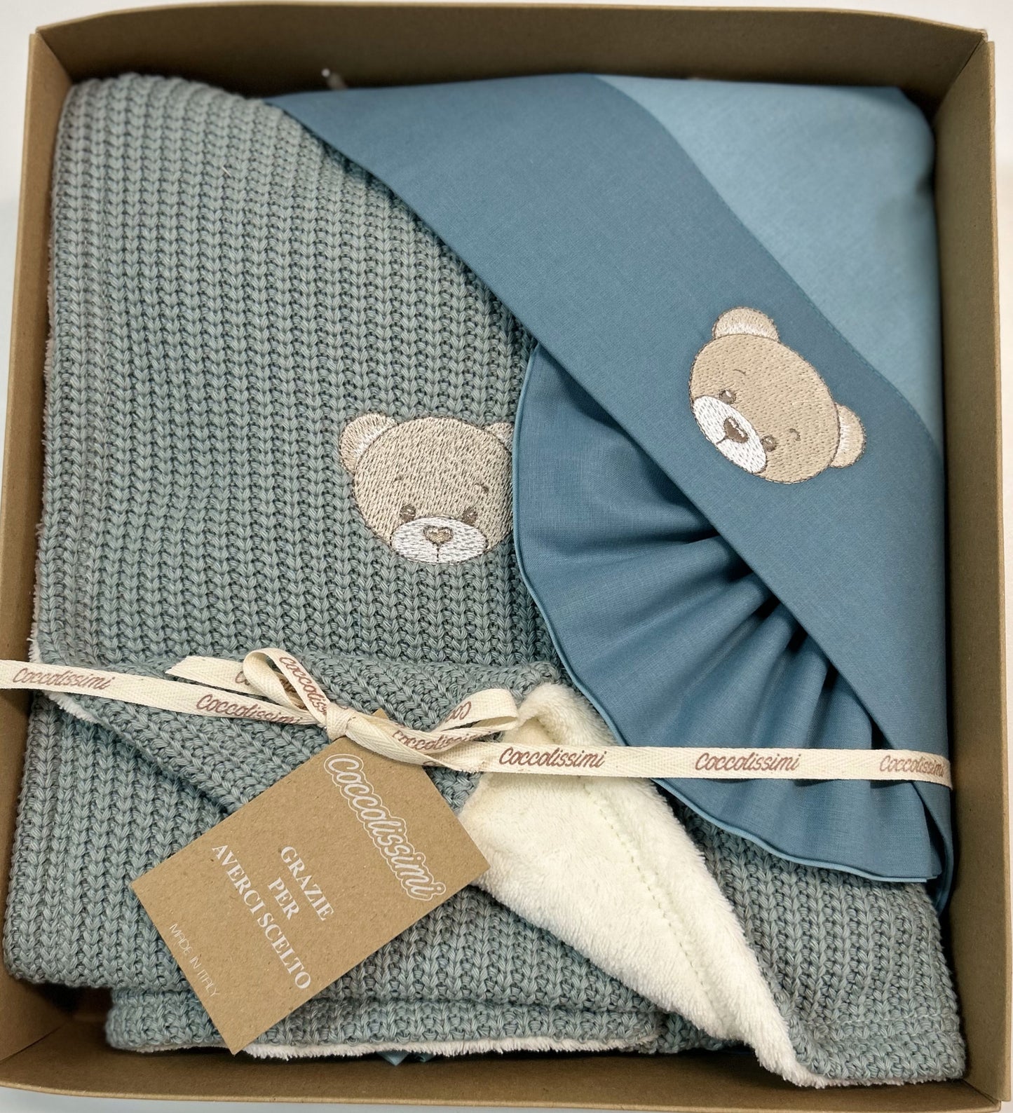 COCCOLISSIMI kit Culla Carrozzina Coperta Filo + lenzuola coordinate - Teddy Agave