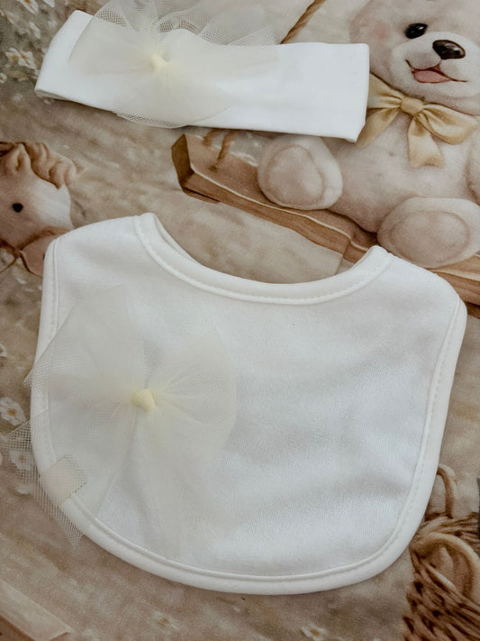 Kit bavaglino bavetta neonato + fascia capelli - avorio