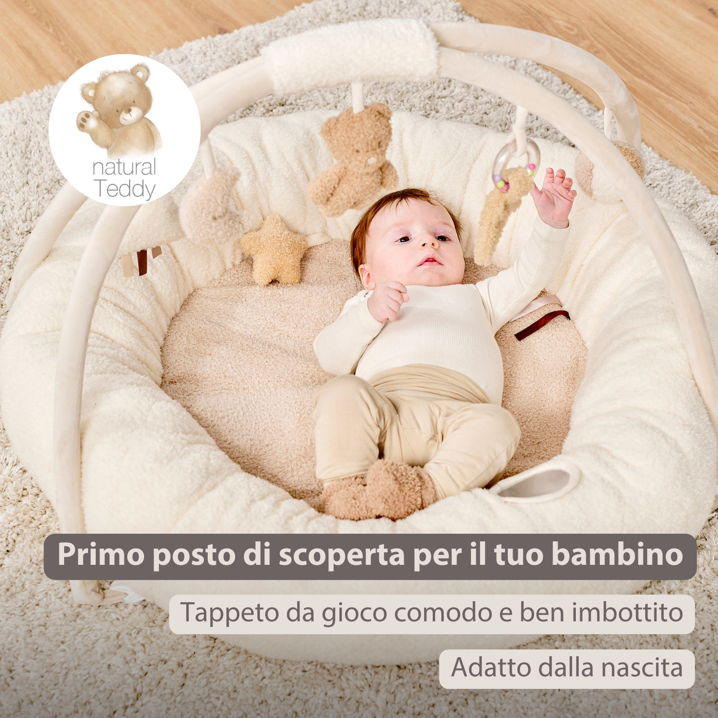 NATTOU TEDDY Tappeto gioco neonato con archi rotondo - 90x90 cm - Palestrina attività bebè - Bordi imbottiti - 856409