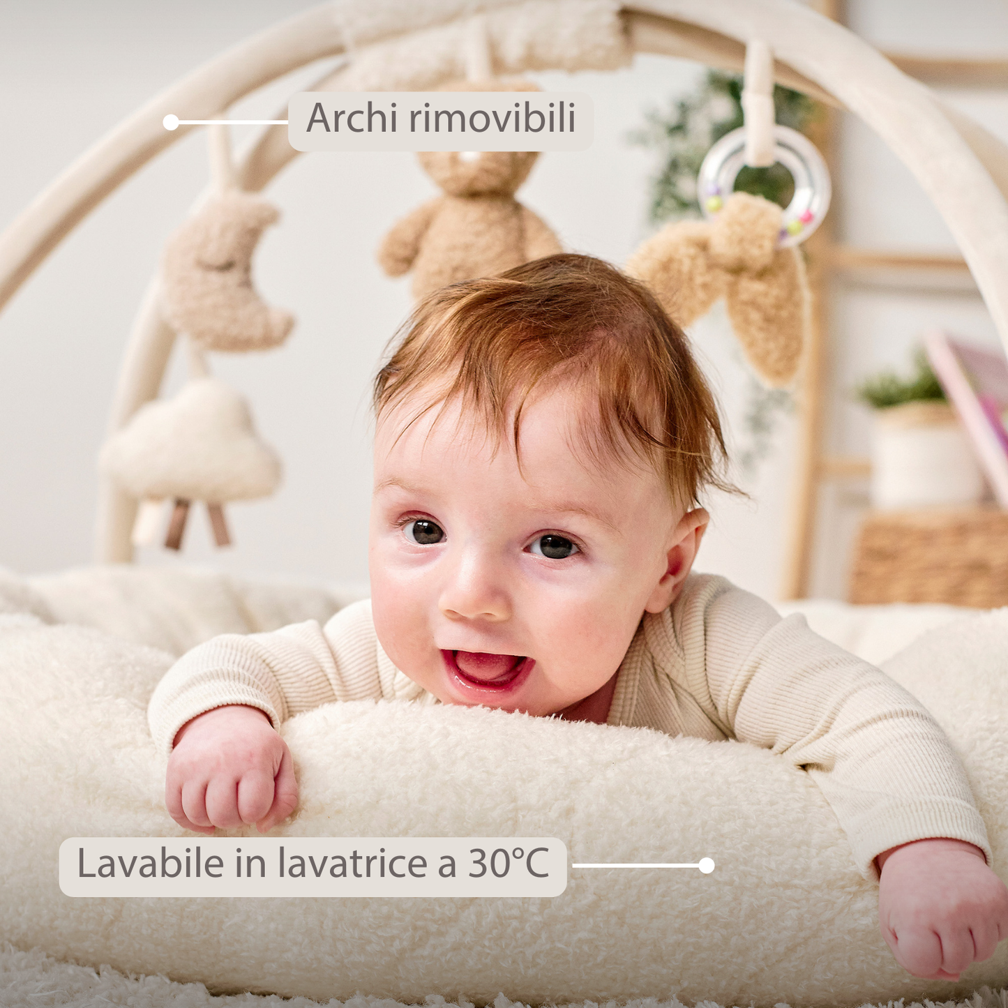 NATTOU TEDDY Tappeto gioco neonato con archi rotondo - 90x90 cm - Palestrina attività bebè - Bordi imbottiti - 856409