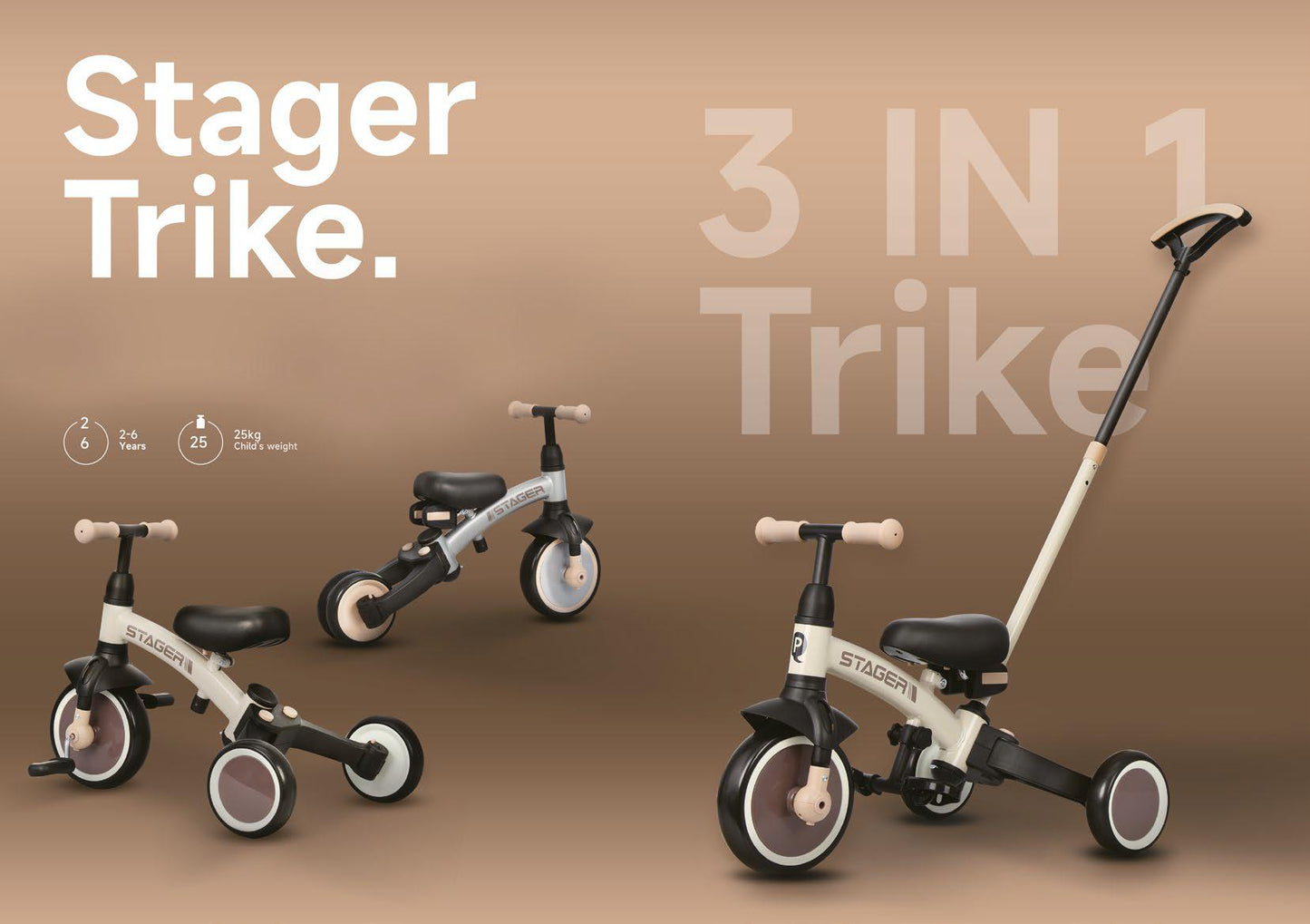 Qplay - Triciclo STAGER 3in1 - da 24 mesi a 72 mesi - BROWN