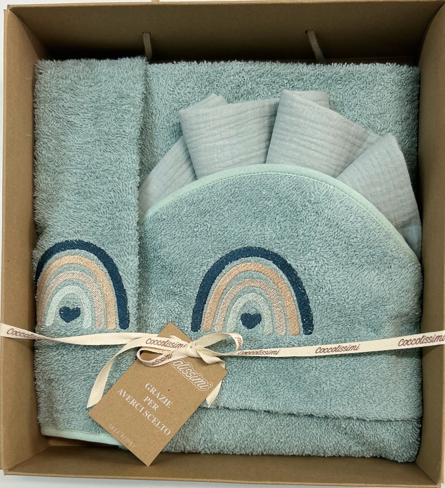 COCCOLISSIMI kit con ACCAPPATOIO TRIANGOLO + ASCIUGAMANO + MUSSOLA - Rainbow colore Agave