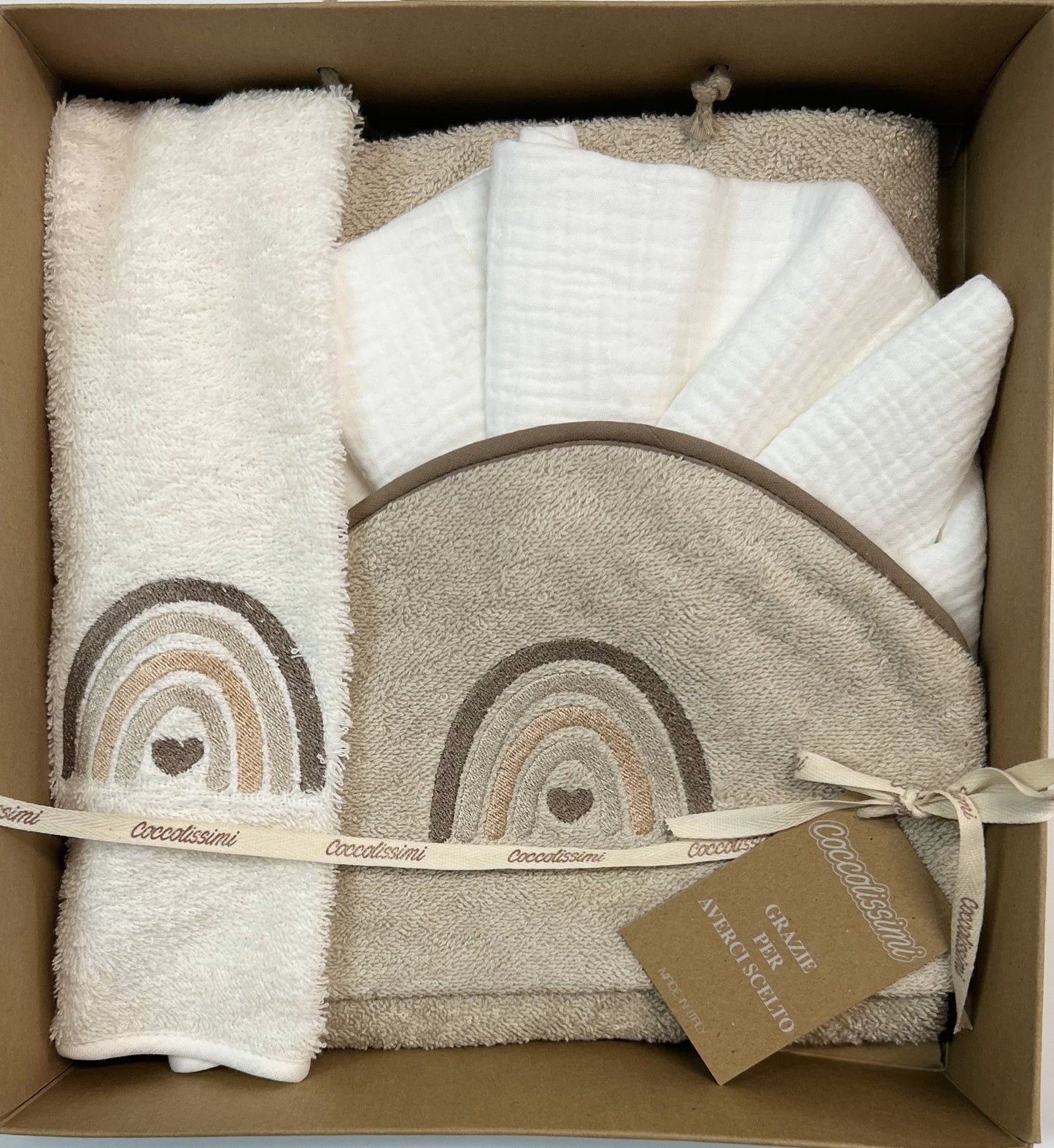 COCCOLISSIMI kit con ACCAPPATOIO TRIANGOLO + ASCIUGAMANO + MUSSOLA - colore Rainbow Moka