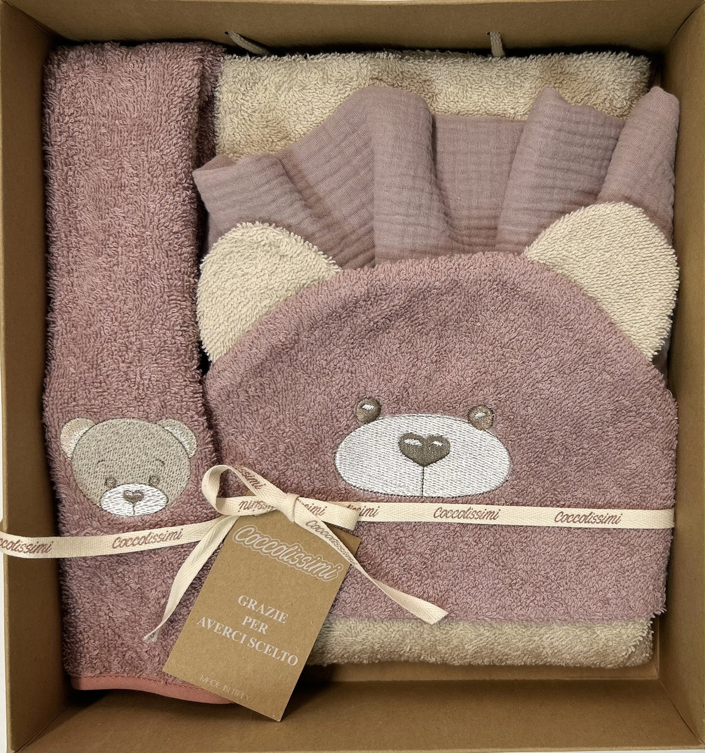 COCCOLISSIMI kit con ACCAPPATOIO TRIANGOLO + ASCIUGAMANO + MUSSOLA - colore Teddy Old Rose