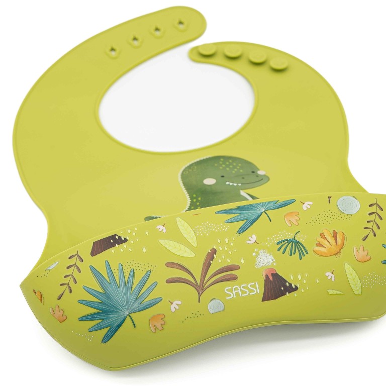 SASSI Bavaglino in silicone con tasca – Dinosauro Cracky