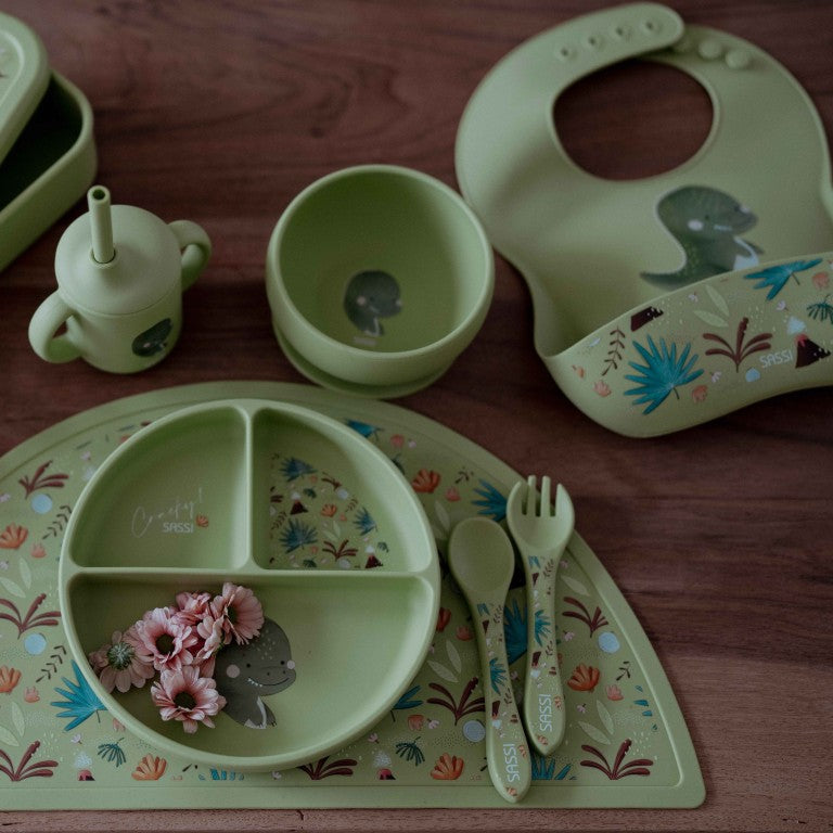 SASSI Bavaglino in silicone con tasca – Dinosauro Cracky