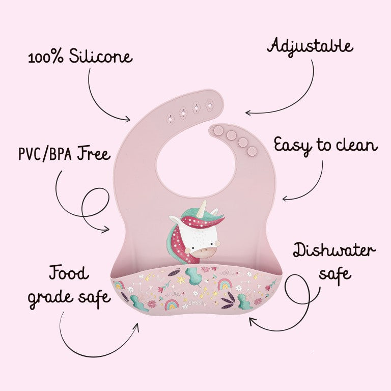 SASSI Bavaglino in silicone con tasca – Unicorno Sparkly