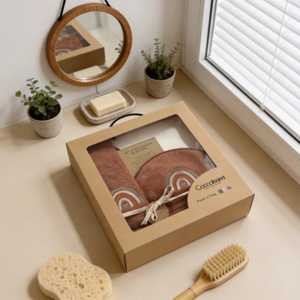 COCCOLISSIMI kit con ACCAPPATOIO TRIANGOLO + ASCIUGAMANO + MUSSOLA - colore Rainbow Terracotta