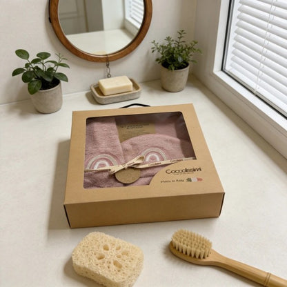 COCCOLISSIMI kit con ACCAPPATOIO TRIANGOLO + ASCIUGAMANO + MUSSOLA - Rainbow olore Old Rose