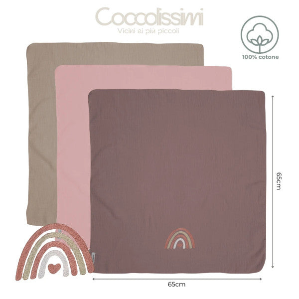 COCCOLISSIMI - tris Mussola Muslin multiuso - serie RAINBOW - colore OLD ROSE