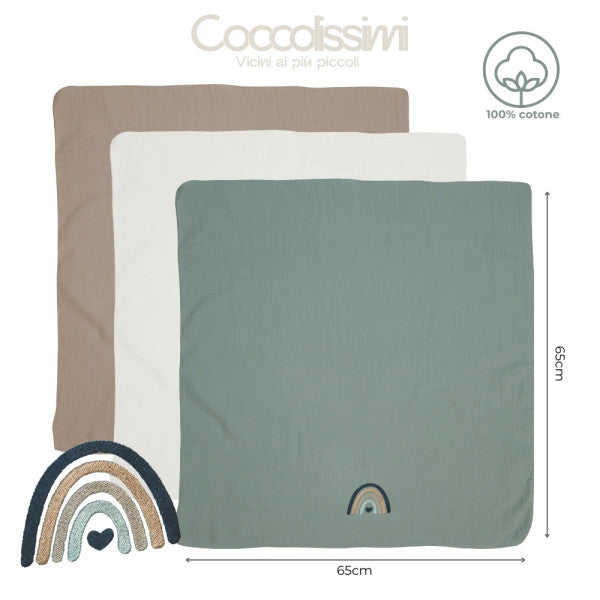 COCCOLISSIMI - tris Mussola Muslin multiuso - serie RAINBOW - colore AGAVE