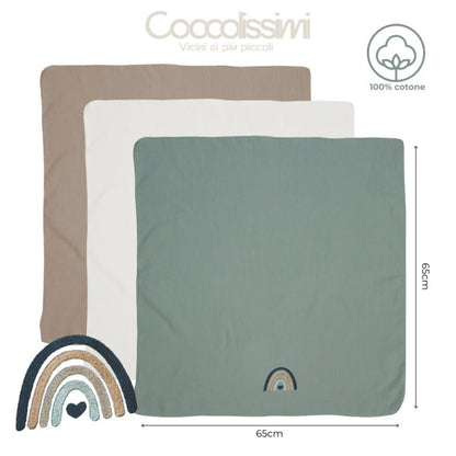 COCCOLISSIMI - tris Mussola Muslin multiuso - serie RAINBOW - colore AGAVE