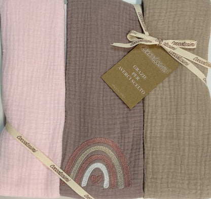 COCCOLISSIMI - tris Mussola Muslin multiuso - serie RAINBOW - colore OLD ROSE