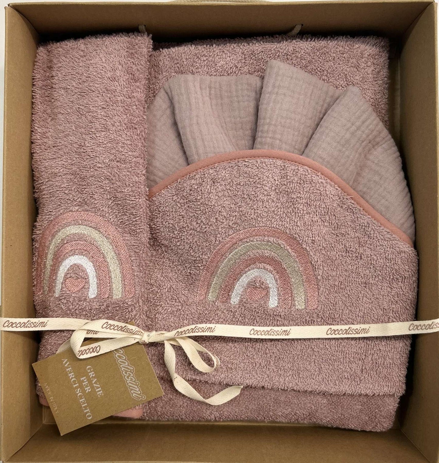 COCCOLISSIMI kit con ACCAPPATOIO TRIANGOLO + ASCIUGAMANO + MUSSOLA - Rainbow olore Old Rose