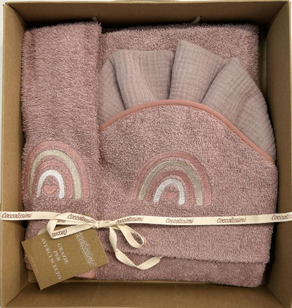 COCCOLISSIMI kit con ACCAPPATOIO TRIANGOLO + ASCIUGAMANO + MUSSOLA - Rainbow olore Old Rose