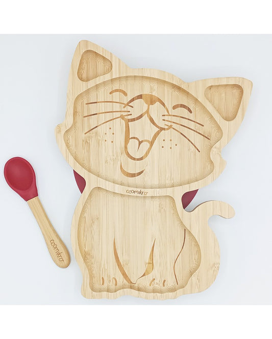 ECOMIKRO - Piatto con cucchiaio bambù GATTO - bordeaux