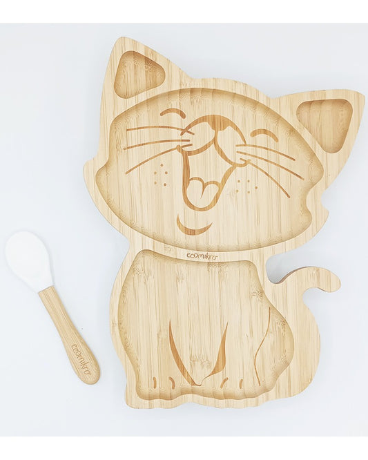 ECOMIKRO - Piatto con cucchiaio bambù GATTO - bianco