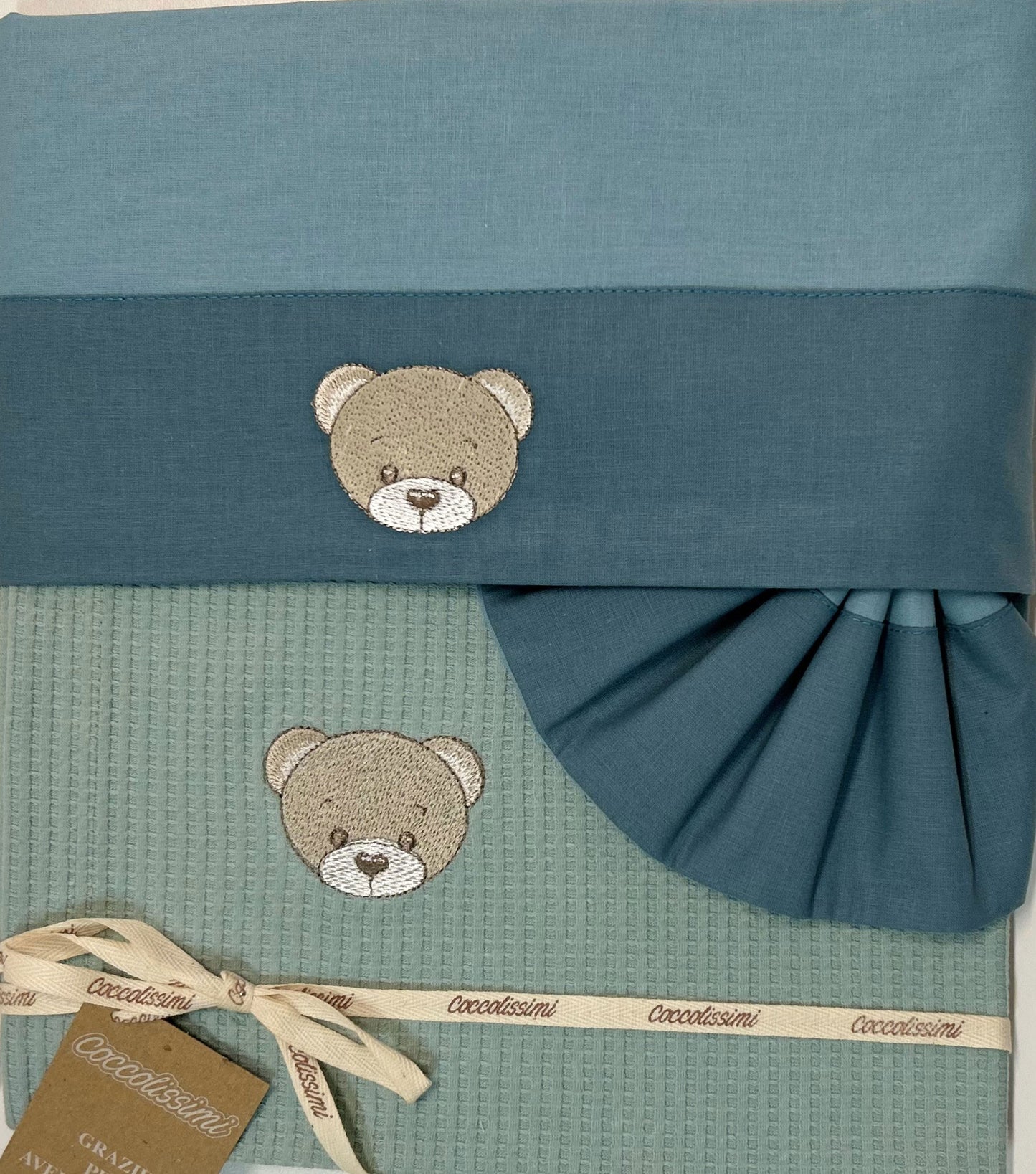 COCCOLISSIMI kit Culla Carrozzina Coperta Piquet + lenzuola coordinate - Teddy agave