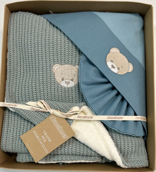 COCCOLISSIMI kit Culla Carrozzina Coperta Filo + lenzuola coordinate - Teddy Agave