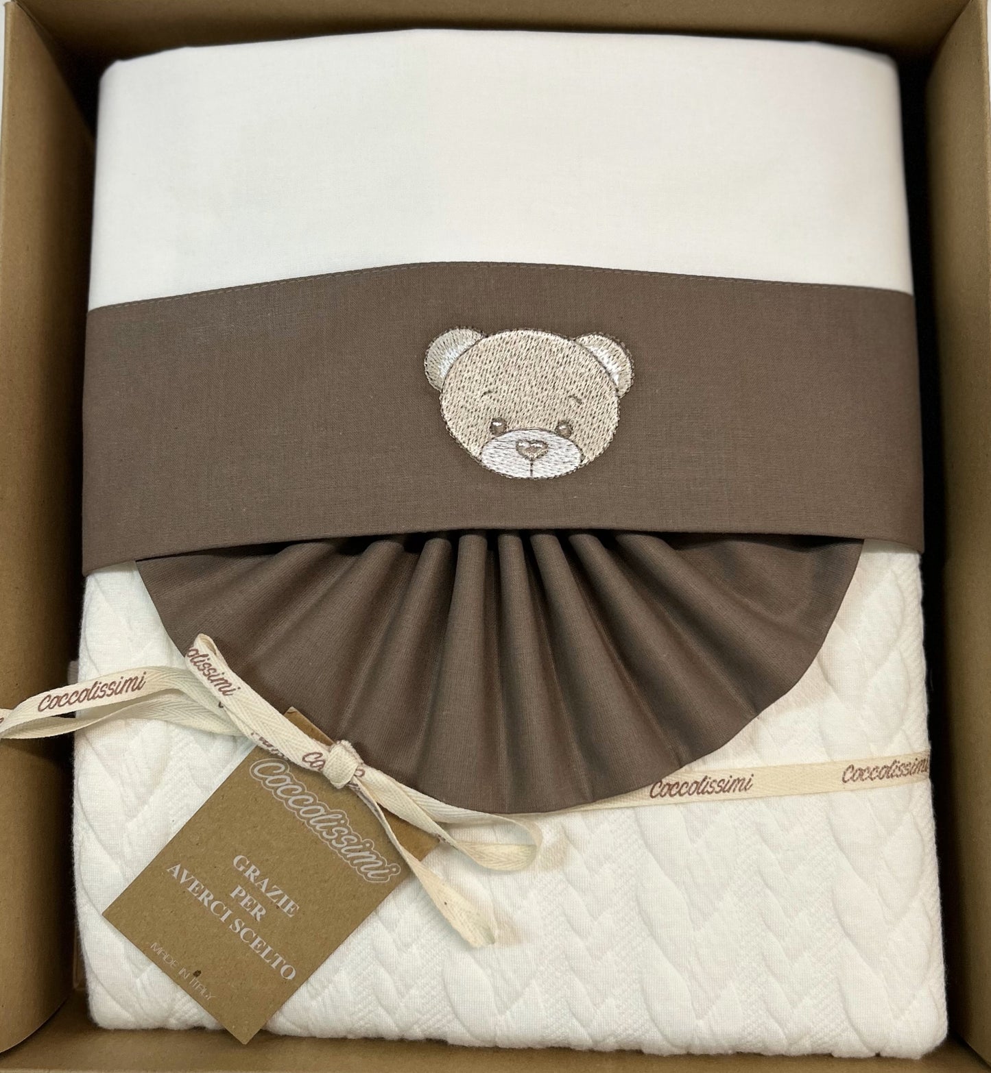 COCCOLISSIMI kit Culla Carrozzina Coperta Trecce + lenzuola coordinate - Teddy Moka